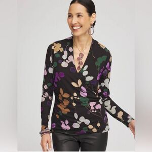 Chico’s Touch Of Cool Sprigs Surplice Top Size 3 US XL Long Sleeve V Neck Black